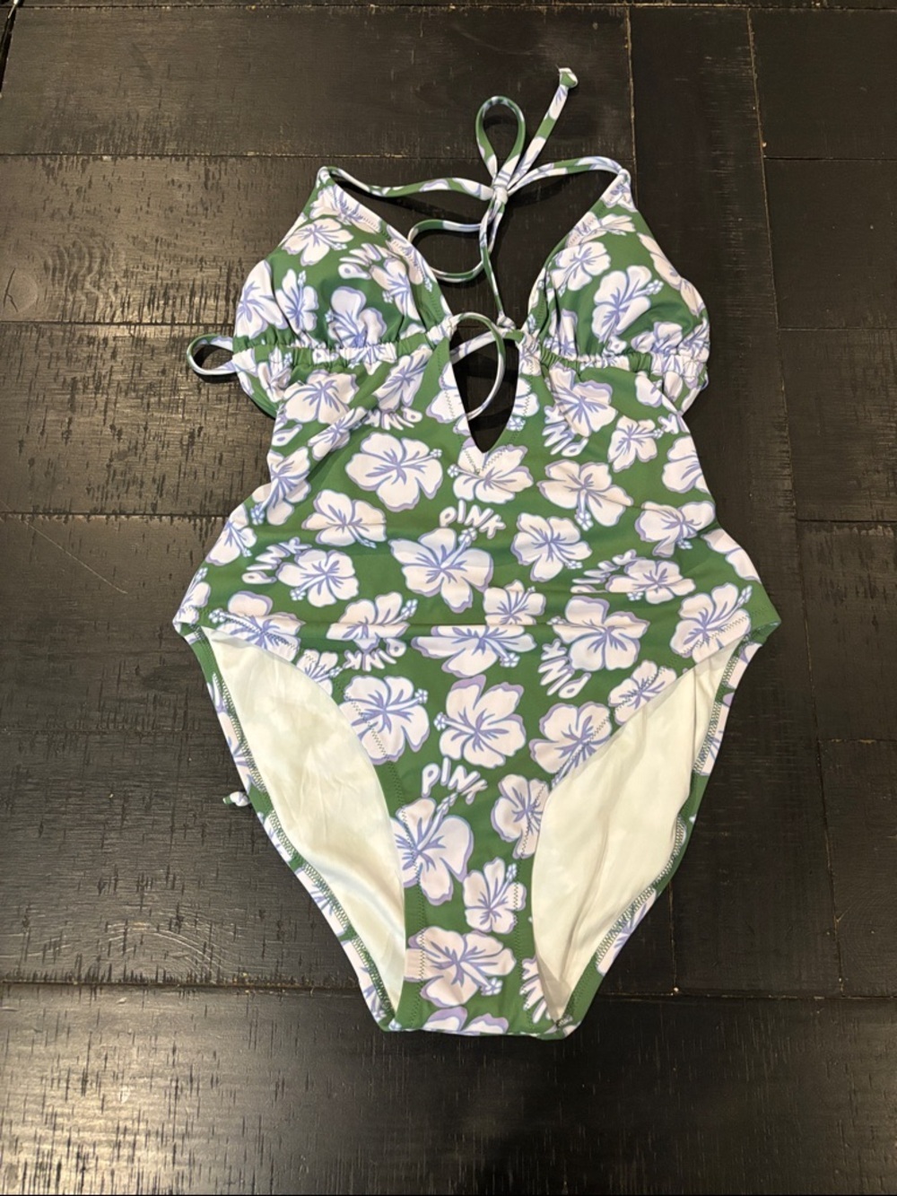 PINK Victoria's Secret Green Floral Halter One-Piece Swimsuit Size Medium